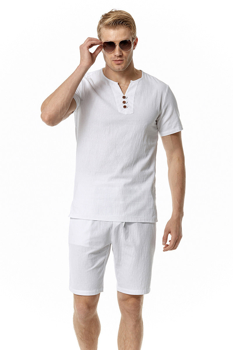 Men's 2 Pieces Cotton Linen Set Henley Shirt Short Sleeve and Casual Beach Shorts Summer Yoga Outfits