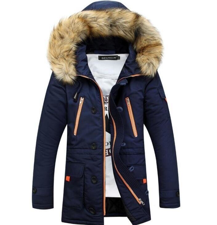 Men Coat Jacket Faux Fur Hooded Cotton Padded Parka Outerwear and Coats