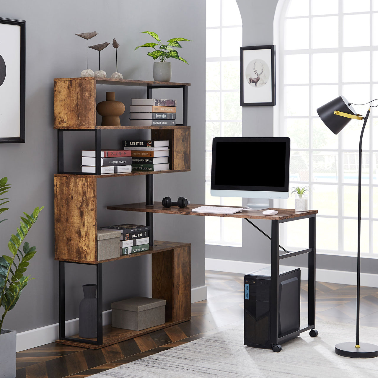 Home office omputer desk L-shaped corner table rotating with 5-story bookshelf