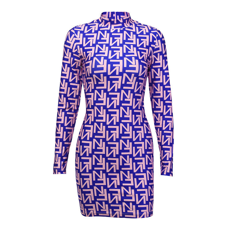Digital Print Dress Autumn Women's Slim Half-high Collar Long-sleeved Bag Hip Skirt