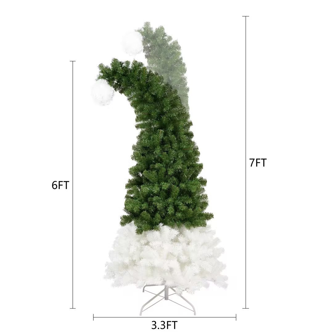6FT Hinged Fir Artificial Top  Xmas Tree Bendable Santa Hat Style, 1250 Lush Branch Tips, 300 LED Lights