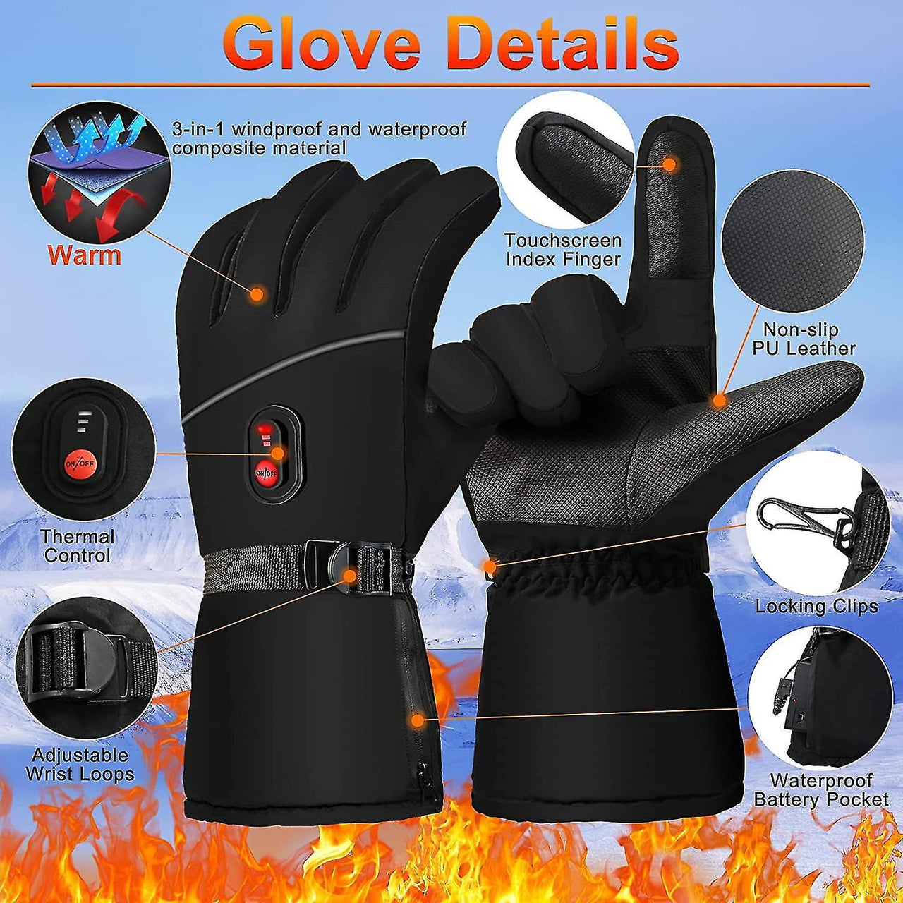 Heated Gloves, Rechargeable Electric Battery Heating Gloves, Touchscreen Heated Gloves