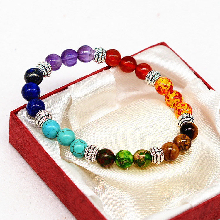 Reiki ancient silver natural stone agate tiger colorful crystal bracelet seven chakra Yoga Bracelet - NosCiBe