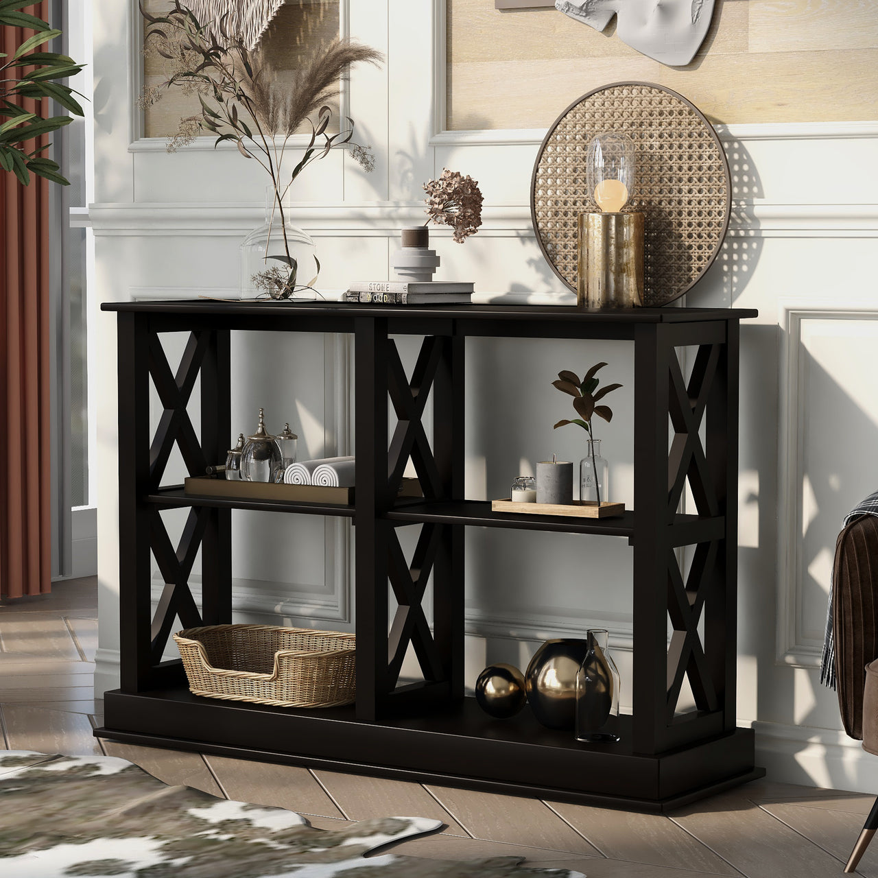 Trexm console table with 3-tier open storage spaces for living room, narrow sofa entryway or hallway