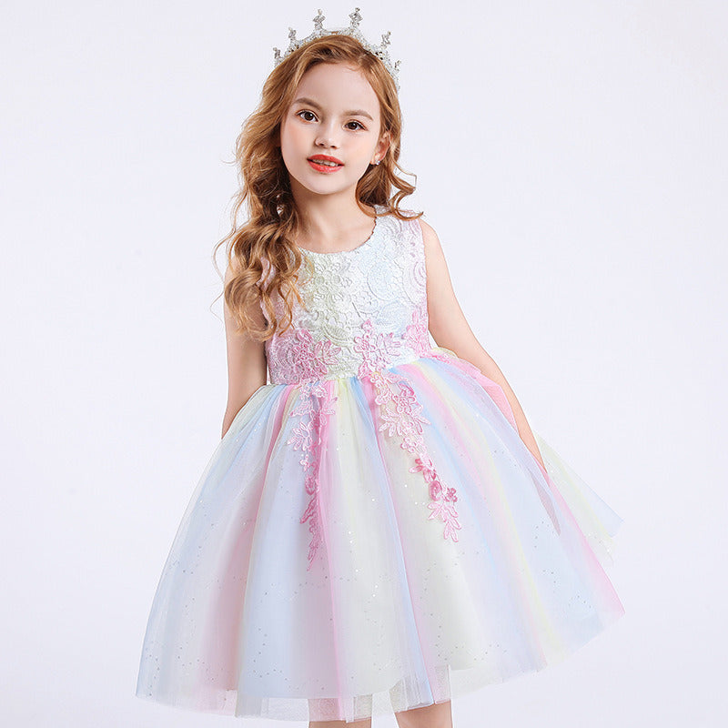 Children Mesh Tulle Lace Dress Summer Fairy Princess Skirt with Lining Flower