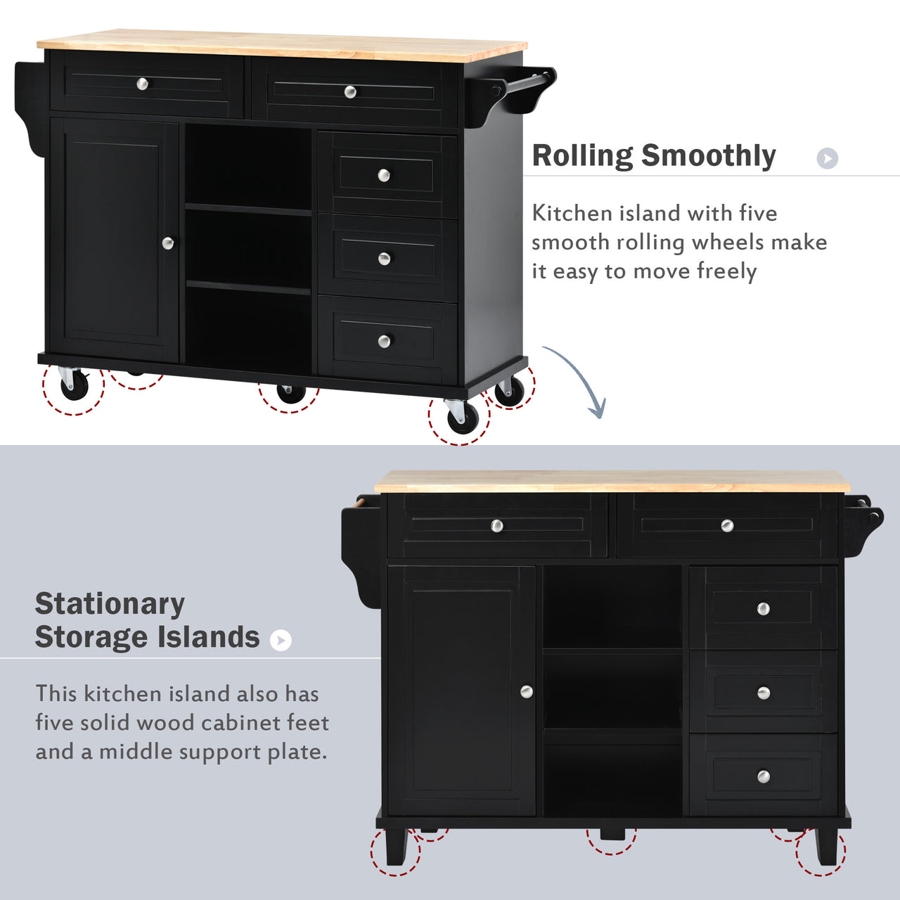 Kitchen cart with Rubber wood desktop rolling mobile kitchen island with storage and 5 draws 53 Inch length (Black)
