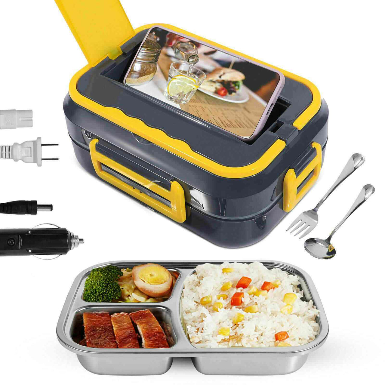 1.5L 40W Electric Heating Lunch Box Food Warmer Stainless Steel Container Portable Food Heat Up for Office Home Car