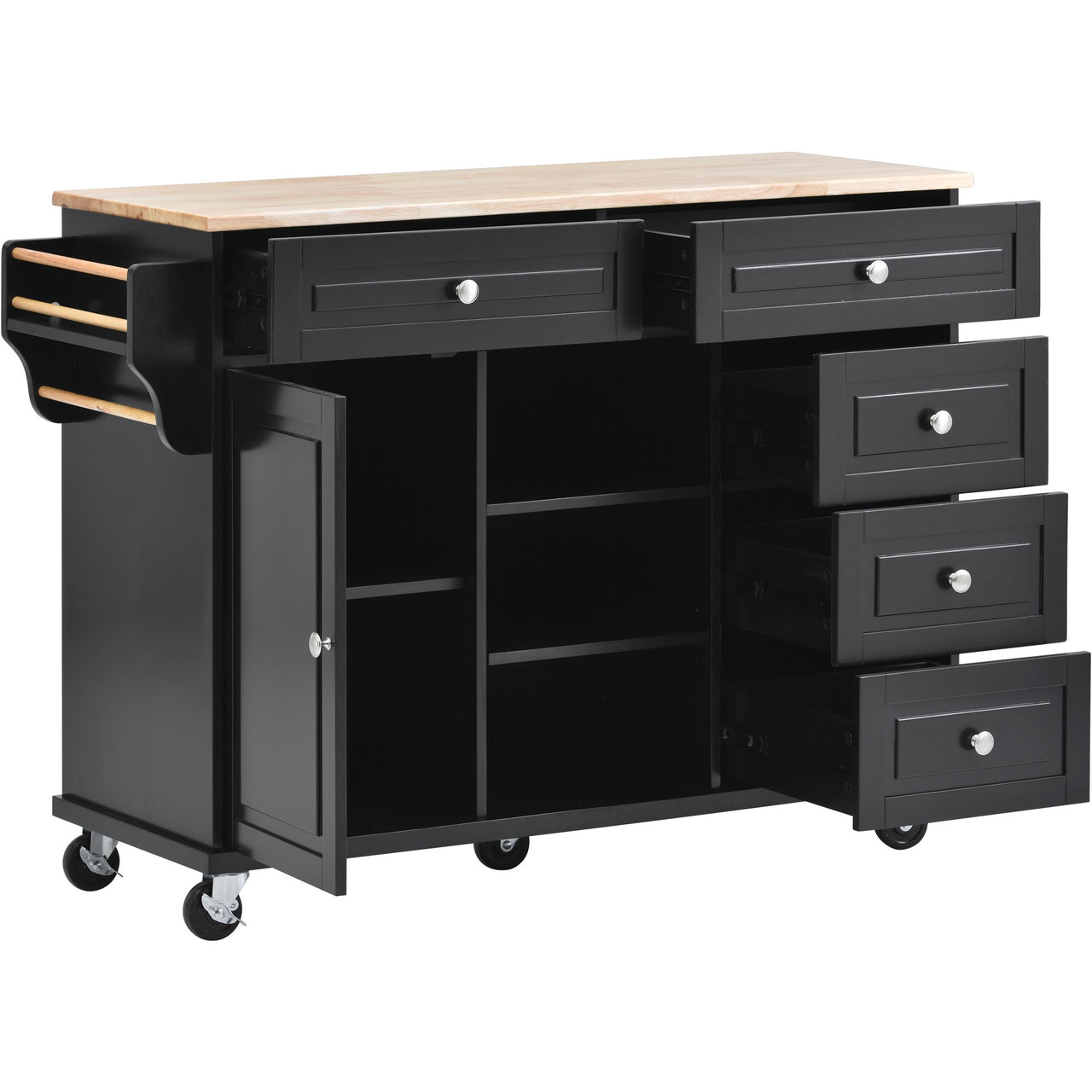 Kitchen cart with Rubber wood desktop rolling mobile kitchen island with storage and 5 draws 53 Inch length (Black)