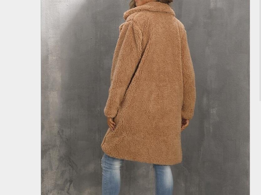 Fuzzy Fleece Lapel Open Front Long Cardigan Coat
