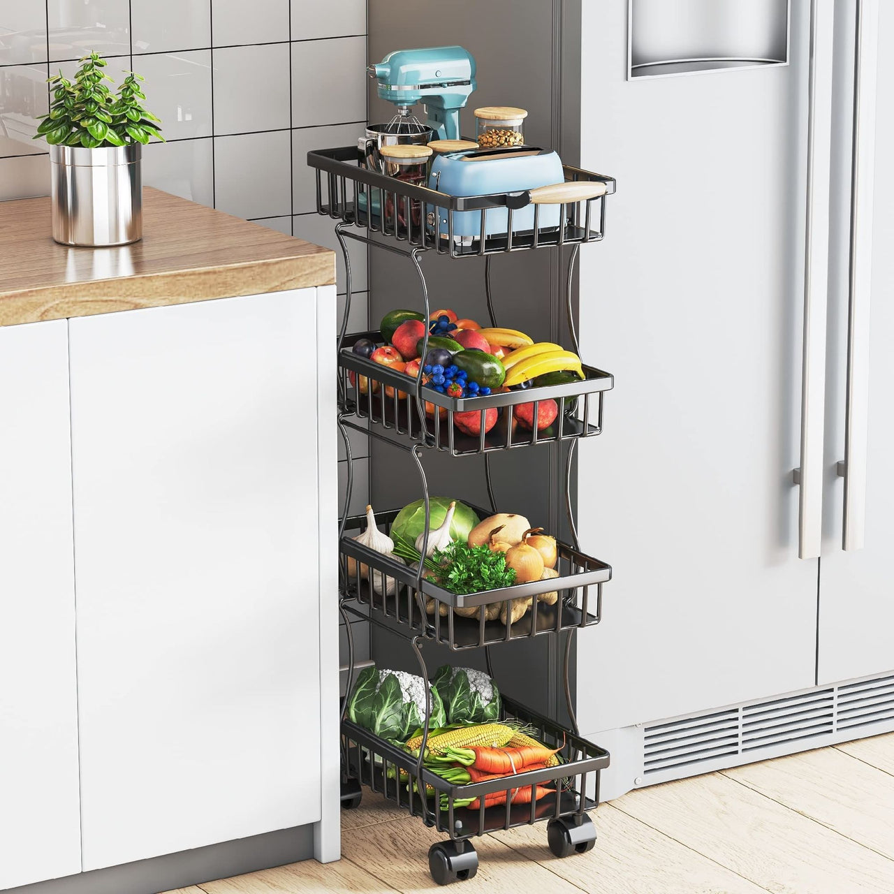 4 Tier Fruit Vegetable Basket for Kitchen, Storage Cart