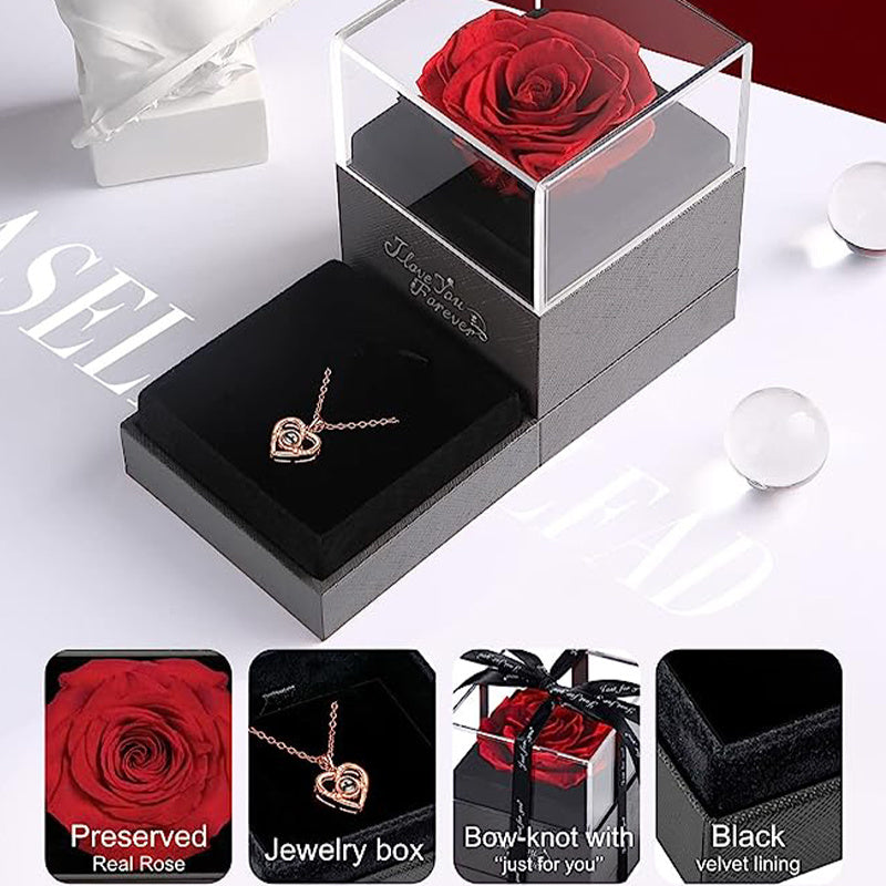 Preserved Red Real Rose with I Love You Necklace Mothers Day Gifts
