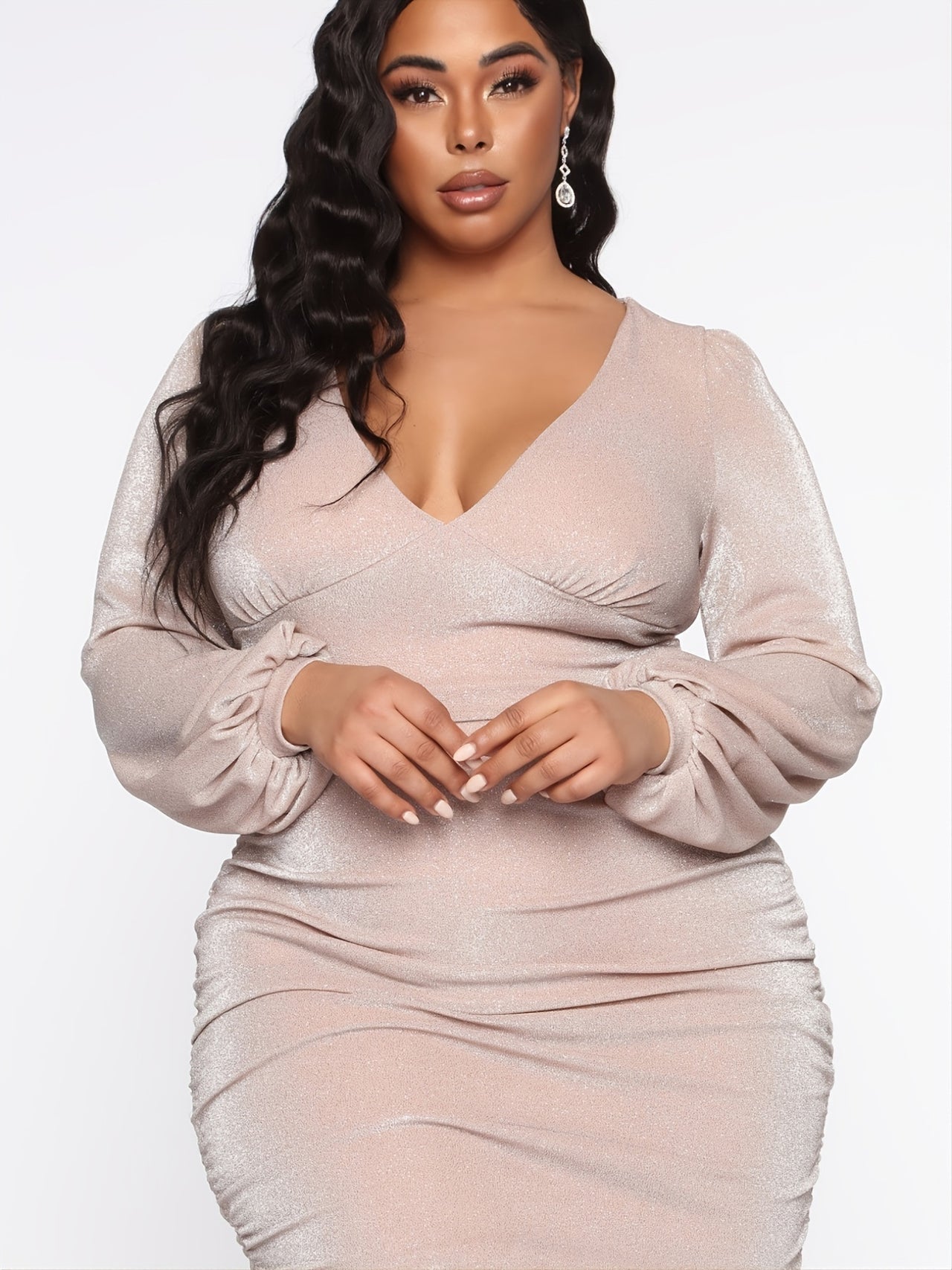 Plus Size V Neck Puff Sleeve Party Bodycon Dress