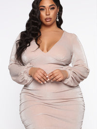 Thumbnail for Plus Size V Neck Puff Sleeve Party Bodycon Dress