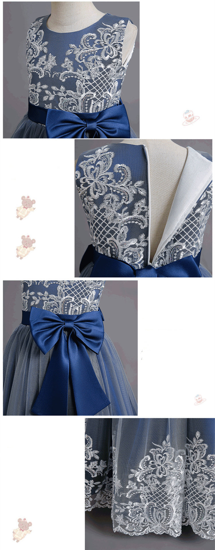 Kid retro princess evening dress lace bow tie embroidery fluffy yarn skirt flower