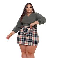 Thumbnail for Plus Size long sleeve top and  plaid mini culottes 2pcs sets