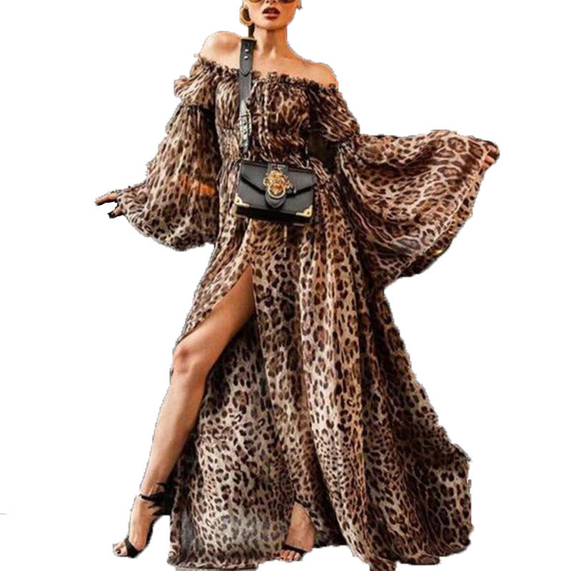 Summer Women One word collar Leopard Print Dress