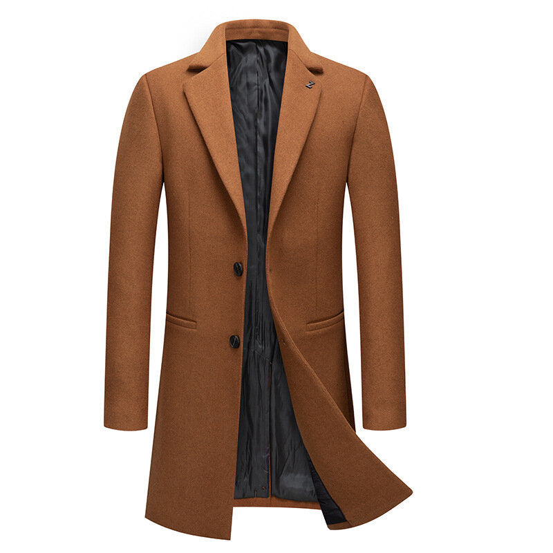 Men's Long Trench Woolen Coat Notch Lapel Overcoat