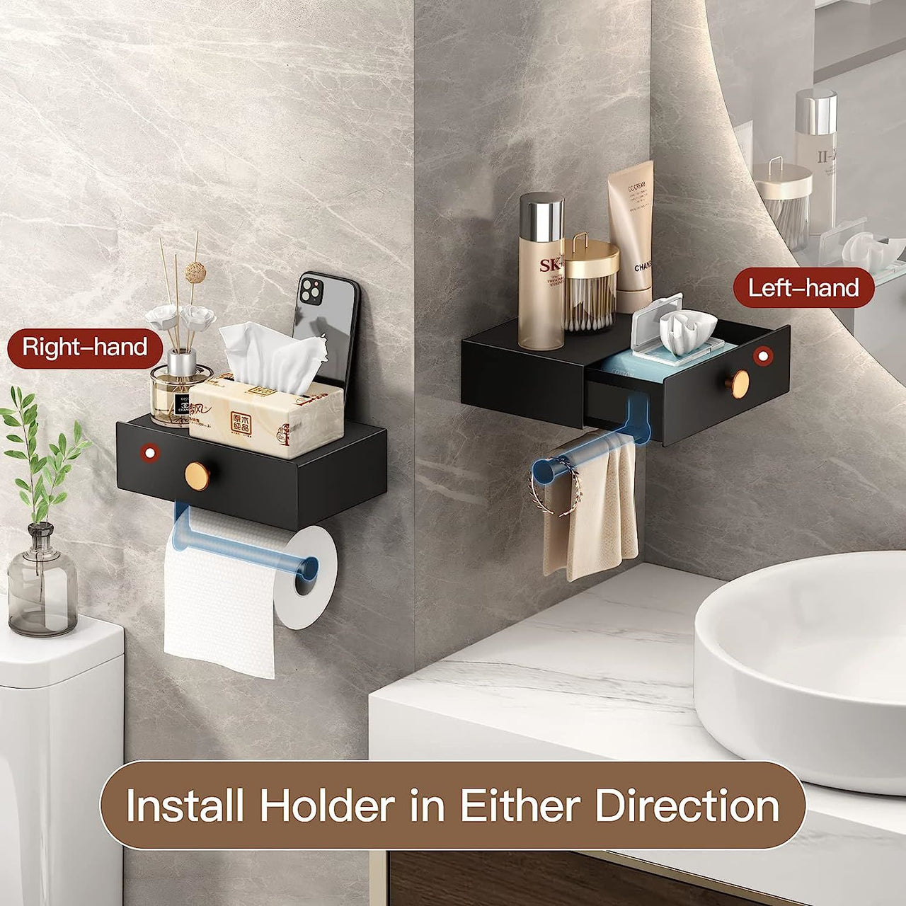 Toilet Paper Holder with Storage Drawer Adhesive Wall Mount for Small Bathroom