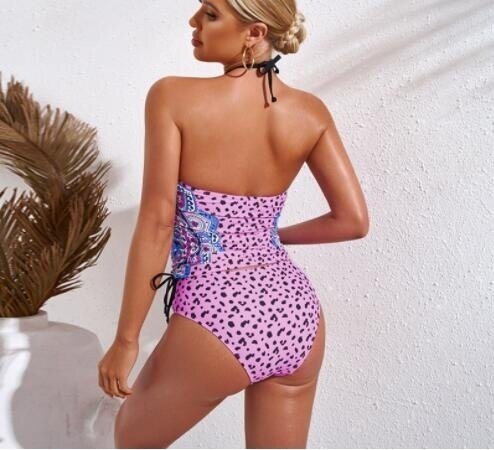2-Piece Leopard Print Halter Drawstring Swimsuit