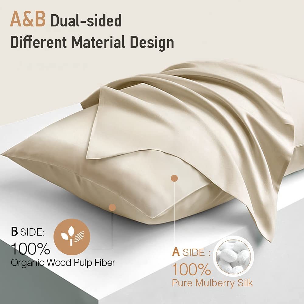 Silk Pillowcase 100% mulberry & natural wood pulp fiber double-sided with hidden zipper set of 2