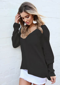 Thumbnail for Fashion autumn top sexy V-neck loose long-sleeved splicing top
