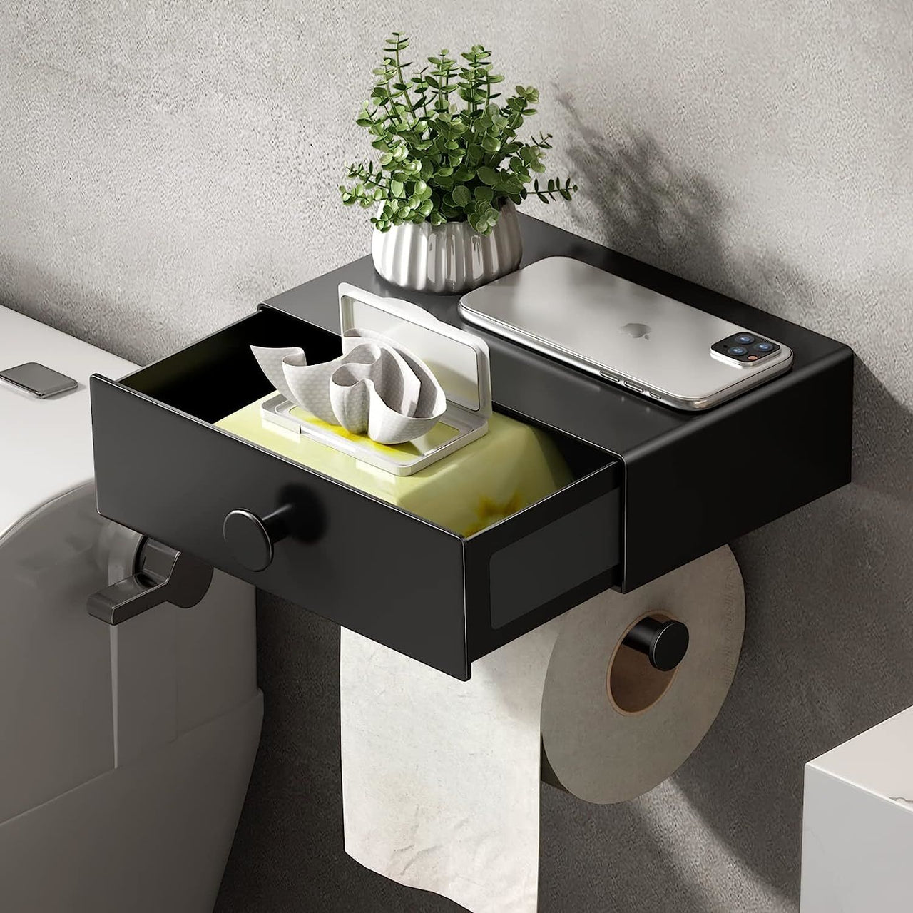 Toilet Paper Holder with Storage Drawer Adhesive Wall Mount for Small Bathroom