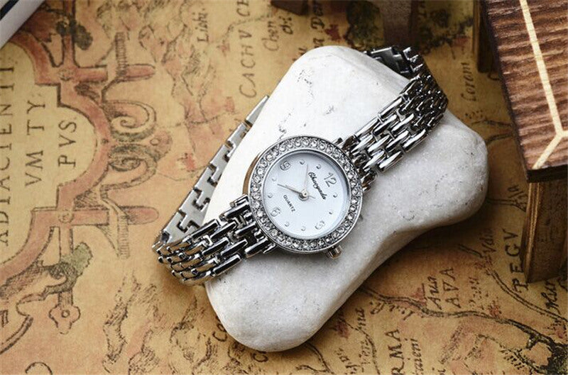 Casual Clock Silver Bracelet Watch Women Rhinestone Quartz Wristwatch