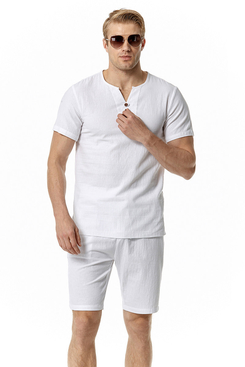 Men's 2 Pieces Cotton Linen Set Henley Shirt Short Sleeve and Casual Beach Shorts Summer Yoga Outfits